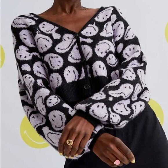 H&M Sweaters - SMILEY x H&M Jacquard Knit Fuzzy Wool Cropped Cardigan Lavender XL